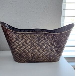 Hammered Basket Weave Metal Bronze Colored Oval Planter Bucket
